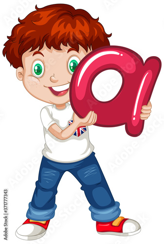 Cute young boy cartoon character holding English alphabet