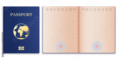 Passport mockup. Realistic blank open pages paper with watermark foreign passport, document cover with globe, id tourist, vector template for traveling, personal immigration, data info