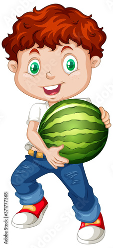 Cute boy with red hair holding watermelon fruit in standing position