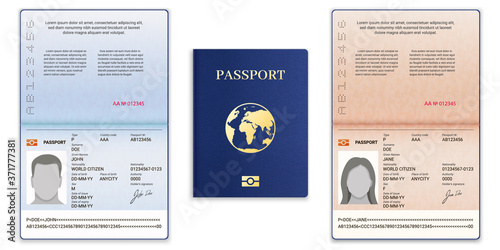 Passport template. International open passport with sample personal data page man and woman document for travel and immigration, vector set. Blue cover with globe, realistic id with information photo