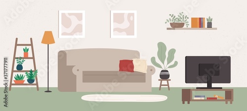 Living room interior with different furniture and TV. Indoor items as comfortable sofa with pillows, plants, shelf with books, lamp and pictures in frames on wall vector illustration