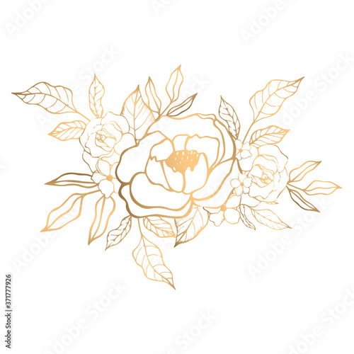 Hand drawn golden floral illustration with peony