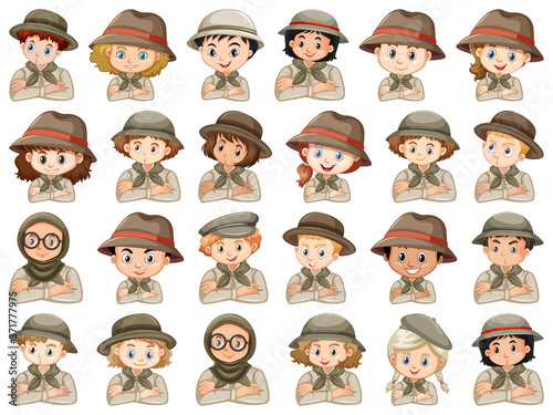 Set of different characters of boys and girls scout costume on a white background