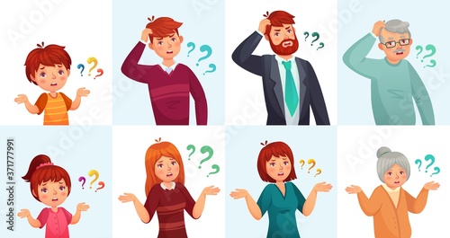 People ask questions, doubt or confused. Man and woman thinking or hesitating with question marks. Children, teenagers, old grandparents shrugging shoulders, searching solution vector illustration