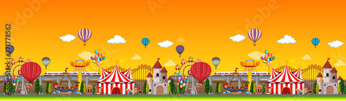 Amusement park scene at daytime with balloons panorama