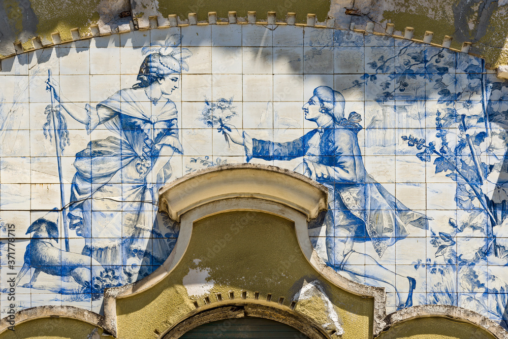 panel of Art Nouveau azulejos on the facade of a Portuguese residence in Lisbon, Portugal