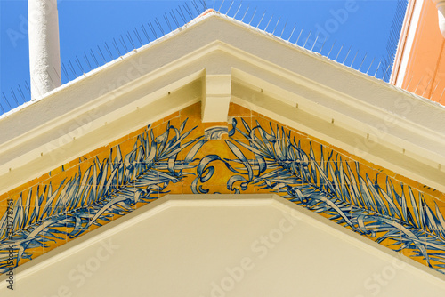 panel of Art Nouveau azulejos on the facade of a Portuguese residence in Lisbon, Portugal