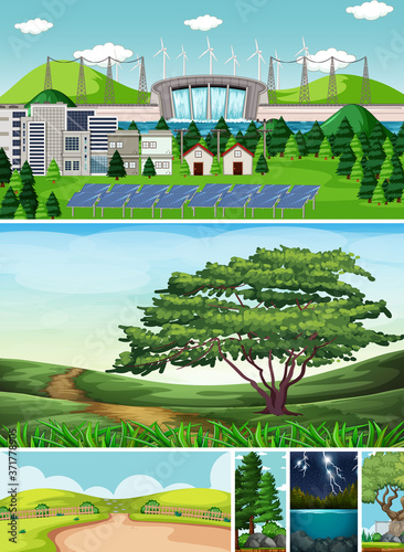 Six different scenes in nature setting cartoon style
