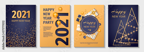 Set of Flyer, poster, banner, brochure design templates for Happy new year 2021. Blue and gold collors. Christmas balls, abstract christmas tree, snowflakes, gift boxes. Perfect for invitation, card.