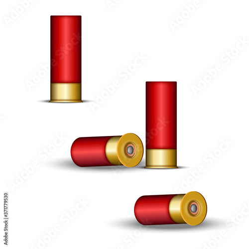 Shotgun cartridge for hunting and skeet shooting, shotgun shells red case with capsule, realistic 3d vector model isolated on white