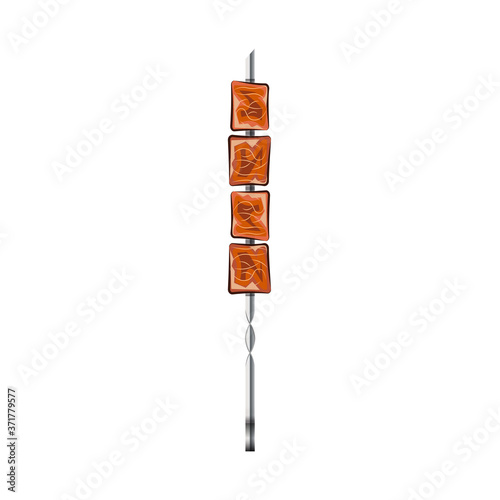 Metallic skewer with pieces of meat food illustration, kebabs are various cooked meat dishes, object isolated on white.