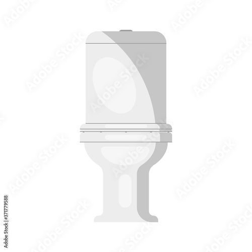 White ceramic toilet bowl with lid front view, toiletry room interior item isolated on white background
