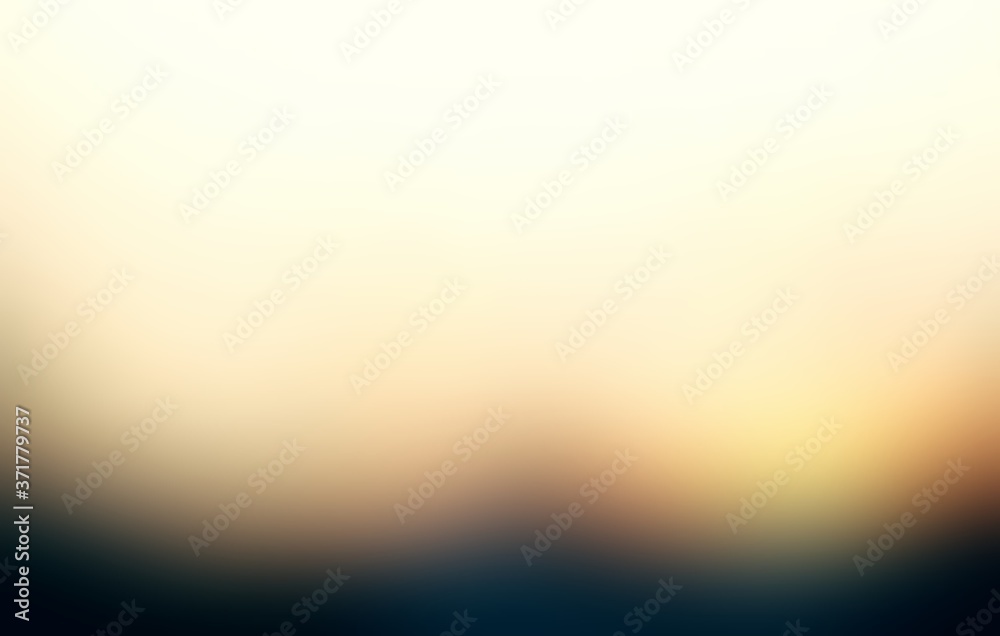 Naklejka premium Sun dawn sky light yellow blur empty background. Dark ground bottom. Defocus exterior simple pattern.