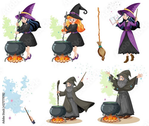 Set of wizard or witches with magic tools cartoon style isolated on white background