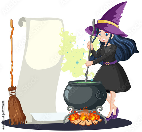 Young beautiful witch with black magic pot and broomstick and blank banner paper cartoon style isolated on white background