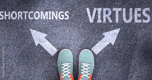 Shortcomings and virtues as different choices in life - pictured as words Shortcomings, virtues on a road to symbolize making decision and picking either one as an option, 3d illustration
