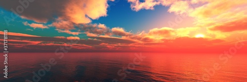 Beautiful ocean sunset, sea sunset panorama, sun over water, 3D rendering