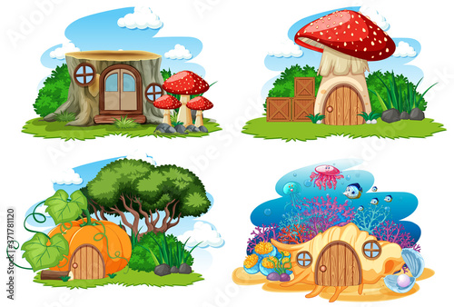 Set of isolated gnome fairy tale houses cartoon style on white background