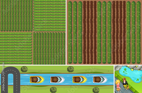 Set of aerial farm and river scene