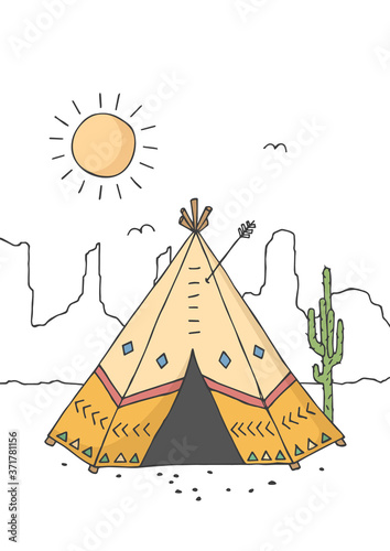 Teepee, tent or wigwam native american dwelling. Poster for baby room. Childish print for nursery. Design can be used for greeting card, invitation. Vector illustration.