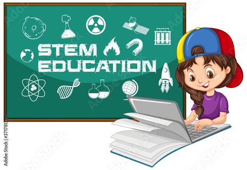 Girl searching on laptop with stem education text cartoon style isolated on white background