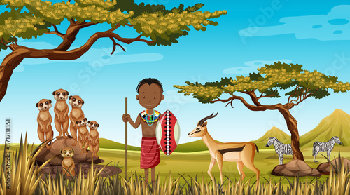 Ethnic people of African tribes in traditional clothing in nature background