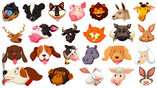 Set of different cute cartoon animals head huge isolated on white background