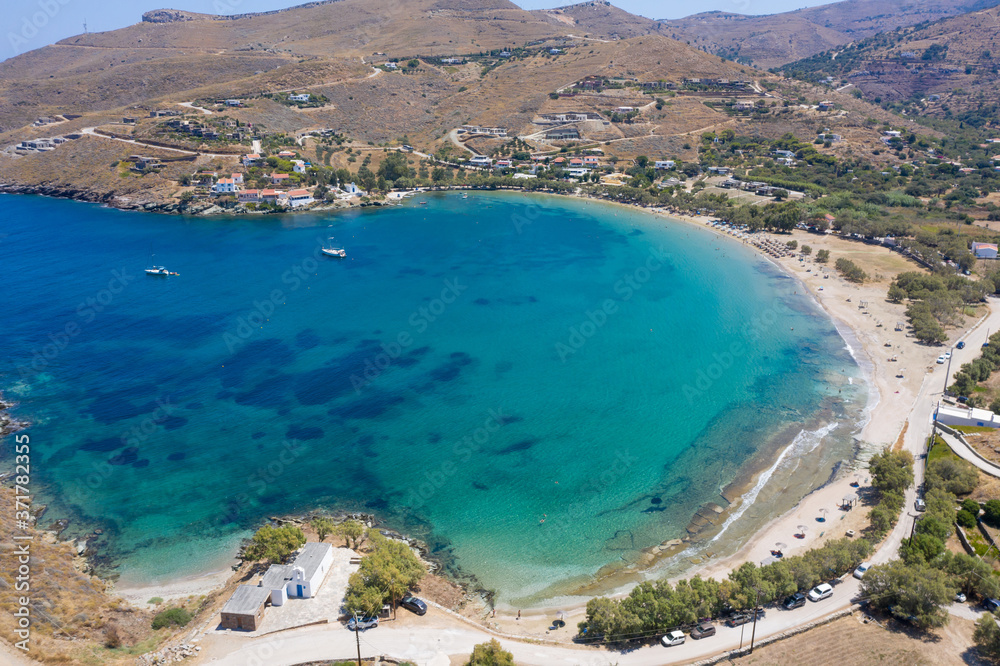 Kea Tzia island, Cyclades, Greece. Aerial view of Otzias bay