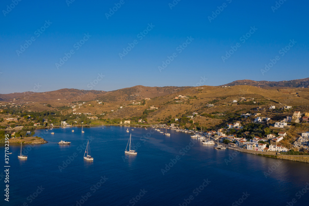 Obraz premium Kea Tzia island, Cyclades, Greece. Aerial drone photo of the bay at sunset time.