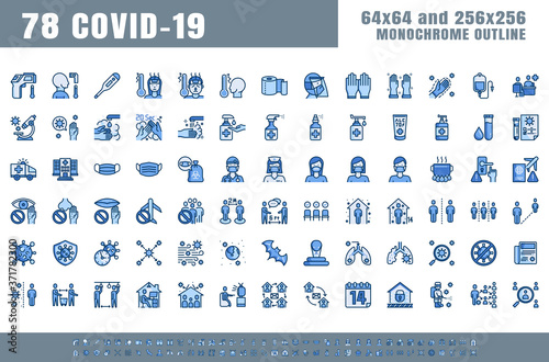 Vector of 78 Covid-19 Prevention Monochrome Flat Blue Filled Line Outline Icons. Coronavirus, Social Distancing, Quarantine, Stay Home. 64x64 Pixel Perfect. Expanded Stroke.