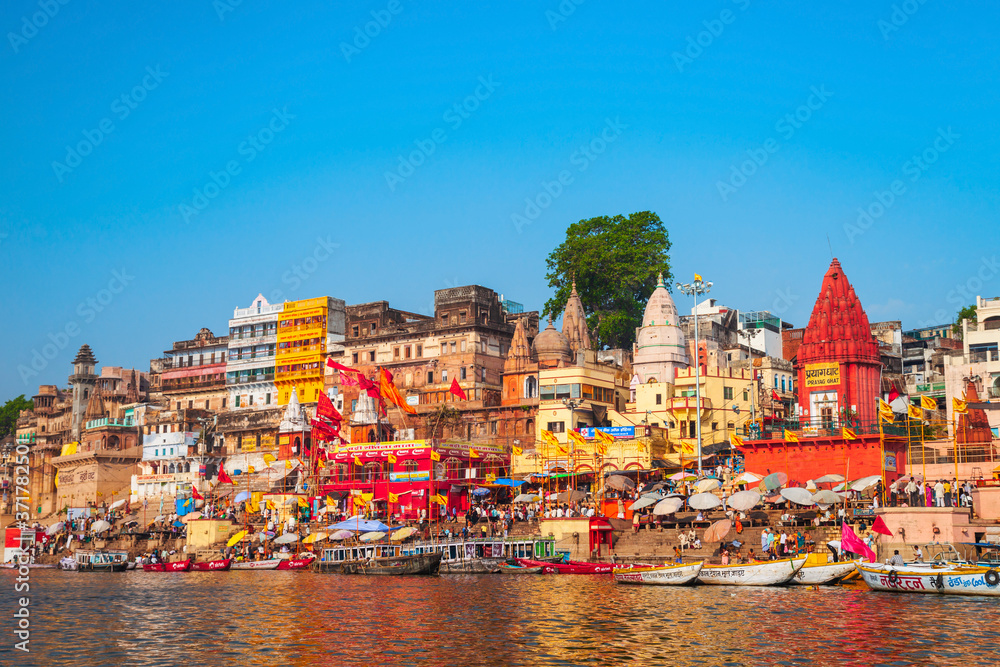 Colorful boats and Ganges river