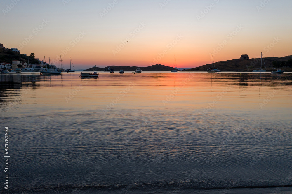 Kea Tzia island, Cyclades, Greece. Vourkari marina at sunset.
