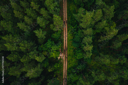 Aerial shot of a long road surrounded by green forest in Latvian countryside.. © Aleksandrs Muiznieks