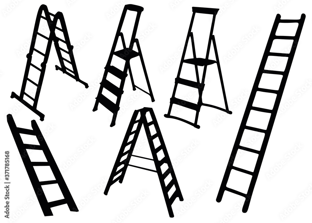 Ladders and ladders in the set. - obrazy, fototapety, plakaty 