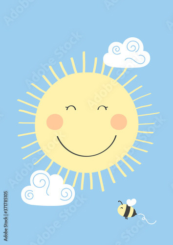 Cute smiling sun. Little bee and clouds on the background. Poster for baby room. Childish print. Design can be used for kids apparel, greeting card, invitation, baby shower. Vector illustration.