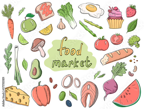 Food market products cartoon colorful vector illustration