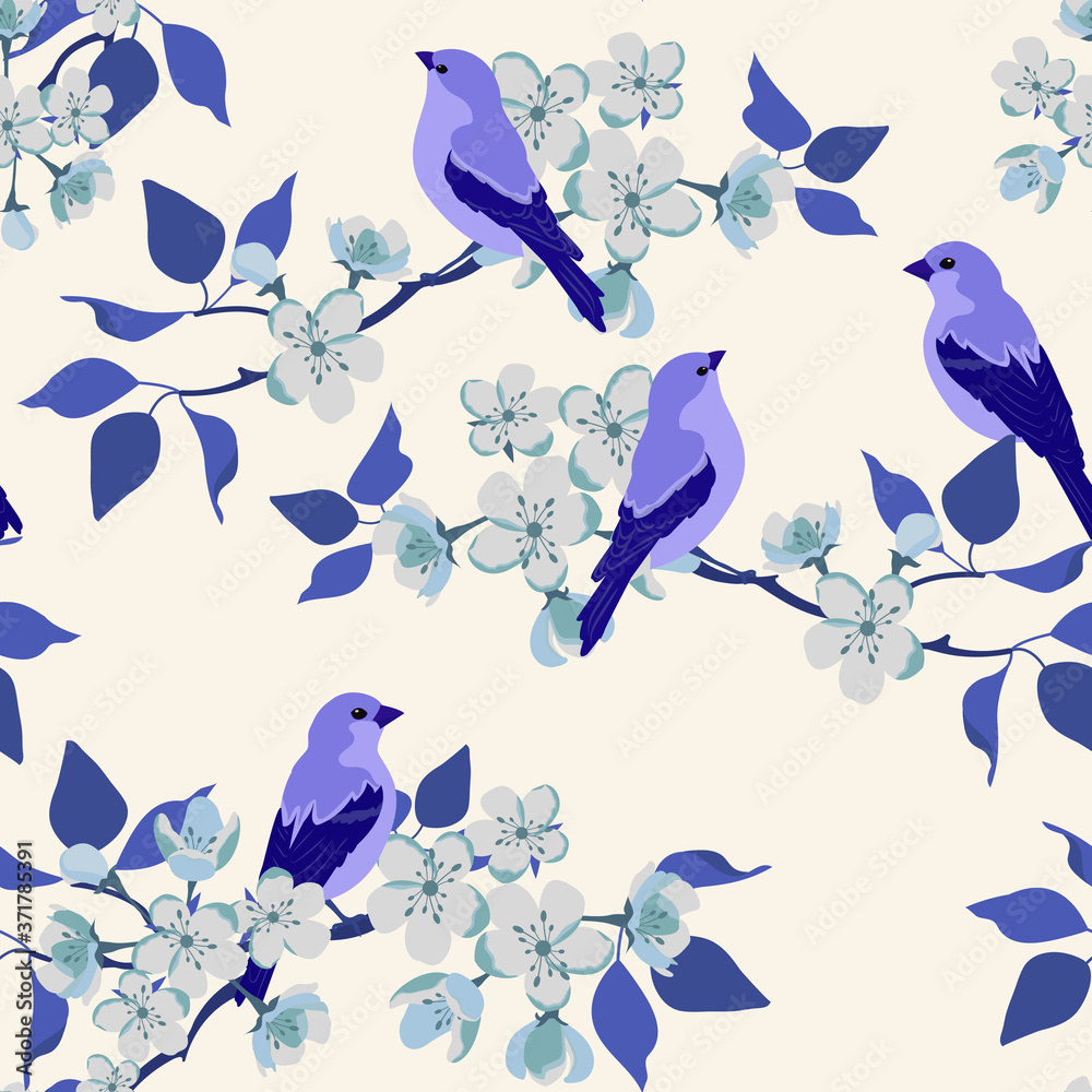 Obraz premium Seamless vector illustration with blossoming sakura and birds on a white background.