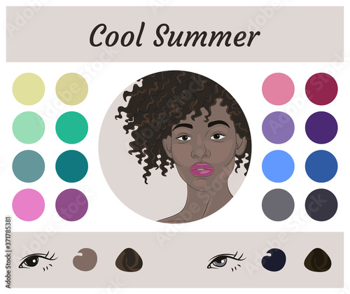 Stock vector seasonal color analysis palette for cool summer. Best colors for cool summer type of female appearance. Face of young african american woman