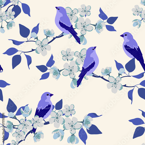 Seamless vector illustration with blossoming sakura and birds on a white background.