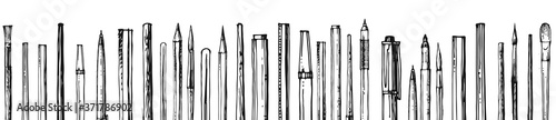 Stationery. Pens, pencils and brushes. Outline hand drawing. Isolated vector object on white background. A sketch with a felt-tip pen, ink on paper. Bottom horizontal frame. Sketch.