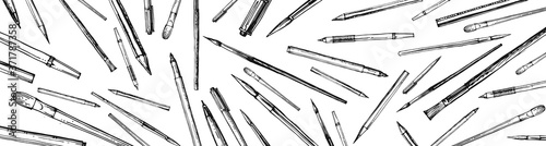 Stationery. Pens, pencils and brushes. Outline hand drawing. Isolated vector object on white background. A sketch with a felt-tip pen, ink on paper. Objects are in disarray. Sketch.