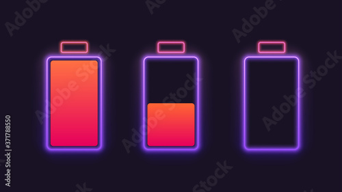 Set of neon battery charge level indicators. Vector illustration.