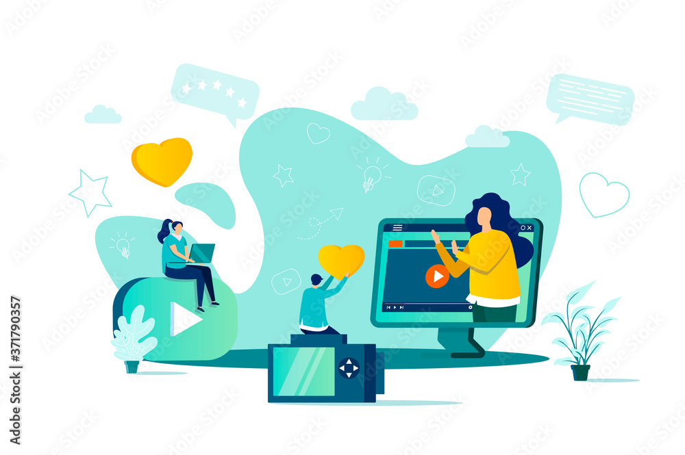 Bloggers concept in flat style. Online stream watching scene. Content production for social media, entertainment and education web banner. Vector illustration with people characters in situation. Bloggers concept in flat style. Online stream watching scene. Content production for social media, entertainment and education web banner. Vector illustration with people characters in situation.
