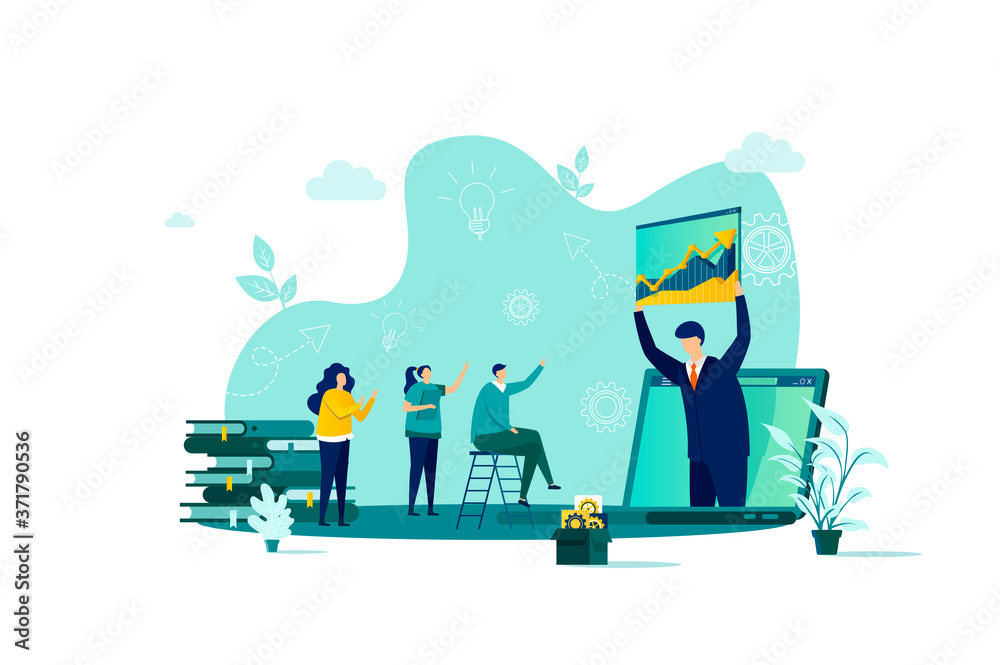 Coaching concept in flat style. Business coach making presentation scene. Consultation and assistance, motivation and mentoring web banner. Vector illustration with people characters in work situation Coaching concept in flat style. Business coach making presentation scene. Consultation and assistance, motivation and mentoring web banner. Vector illustration with people characters in work situation