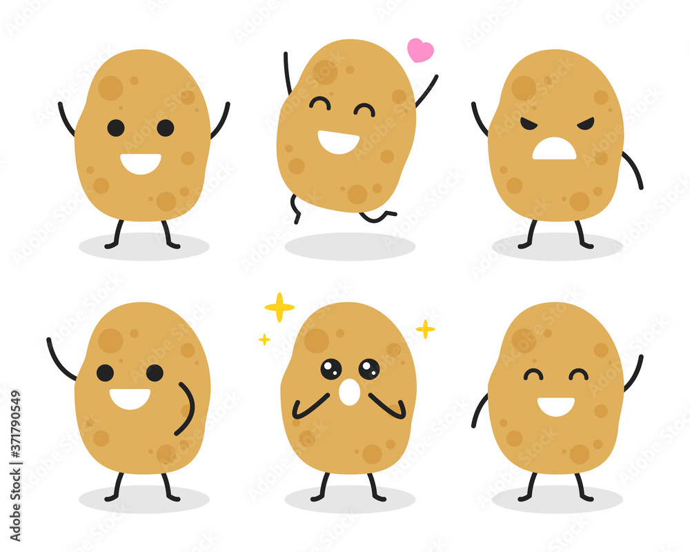 Collection of cute potato character in various poses isolated on white background. Funny vegetable cartoon. Flat vector graphic design illustration for infographic, children book, and farm concept.