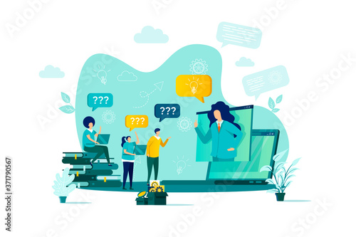 Consulting concept in flat style. Consultant answers questions scene. Online business assistance, consultation and mentoring web banner. Vector illustration with people characters in work situation.