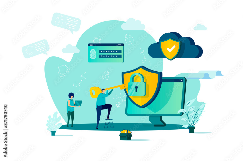 Cyber security concept in flat style. Man with key getting access to information scene. Data protection, password identification banner. Vector illustration with people characters in work situation. Cyber security concept in flat style. Man with key getting access to information scene. Data protection, password identification banner. Vector illustration with people characters in work situation.