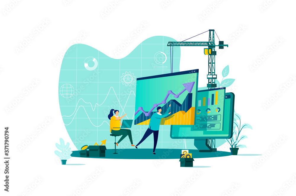 Data analysis concept in flat style. Analyst analyzing growing diagram scene. Financial predictive analytics and forecasting web banner. Vector illustration with people characters in work situation. Data analysis concept in flat style. Analyst analyzing growing diagram scene. Financial predictive analytics and forecasting web banner. Vector illustration with people characters in work situation.