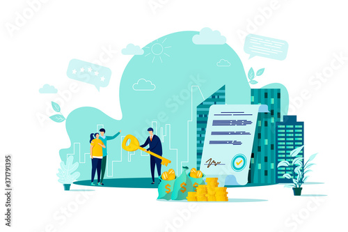 Real estate concept in flat style. Realtor gives key to new homeowners scene. Real estate agency, buy, rent and mortgage services web banner. Vector illustration with people characters in situation.