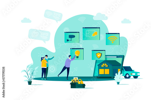 Smart home concept in flat style. People build smart home scene. Online home control, monitoring and management, house system automatization. Vector illustration with people characters in situation.